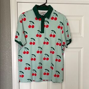Cherry Print Polo Shirt - Green and Red